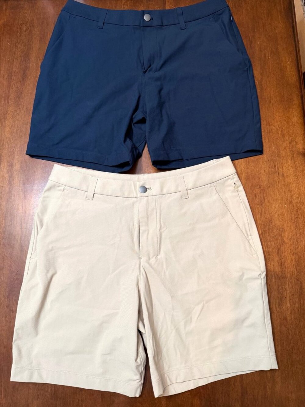 2 - Lululemon ABC Warpstreme Shorts 7" Inseam Men's Size 32 LM7BMHS Blue - Tan